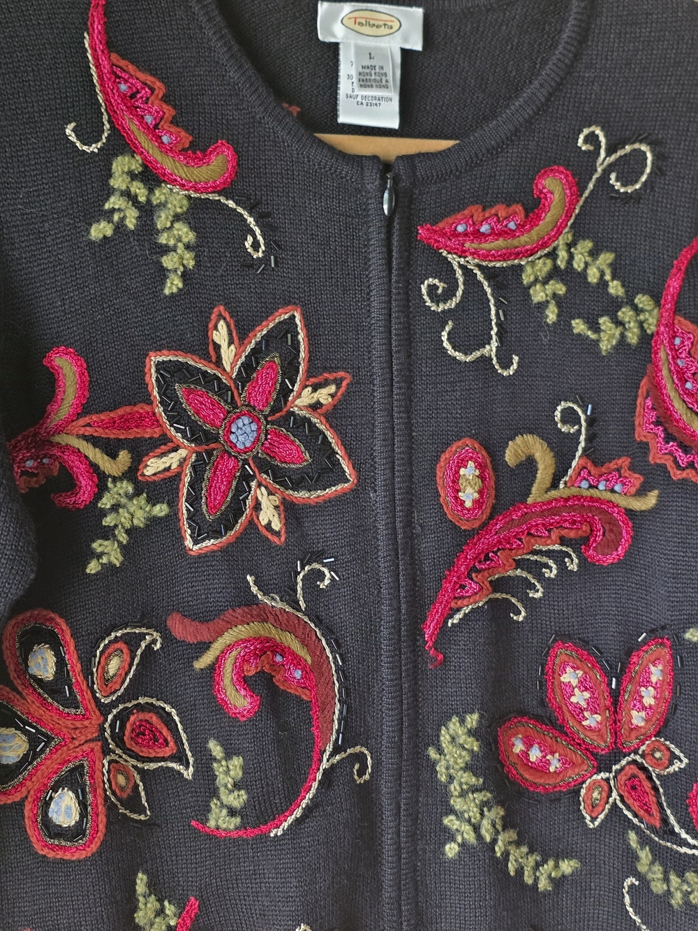 Talbots Black Embroidered Floral Wool Blend Cardigan Sweater L - Picture 3 of 10